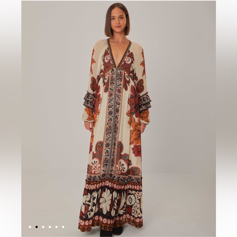 NWT‎ FARM Rio V-Neck Gown with Bishop Sleeves